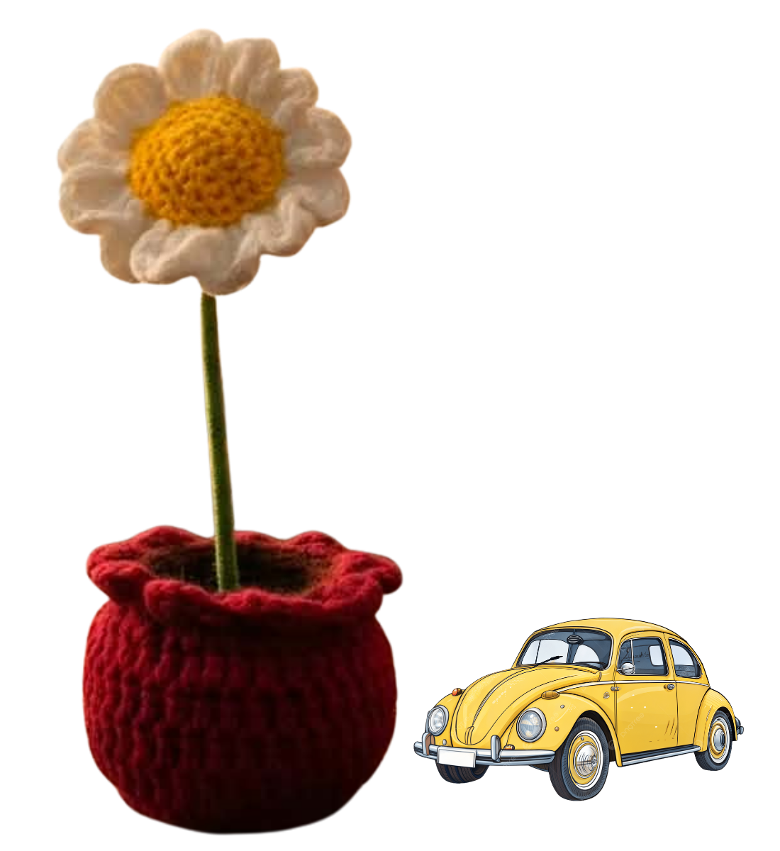 Yarn and Wheels, hand-crocheted yarn balls with a toy car